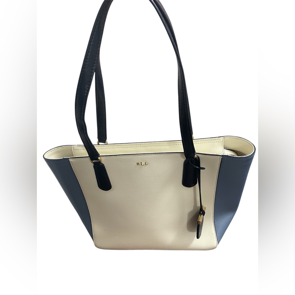 LAUREN RALPH LAUREN SHOULDER BAG ZIPPERED TOTE WOMENS COLOR CREAM & BLUE HANDBAG